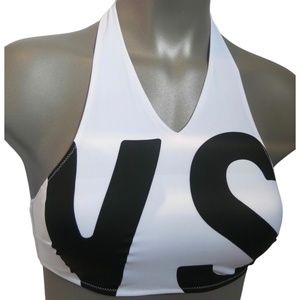 Victoria's Secret White & Black "VS" Logo V High Neck Halter Swim Top S